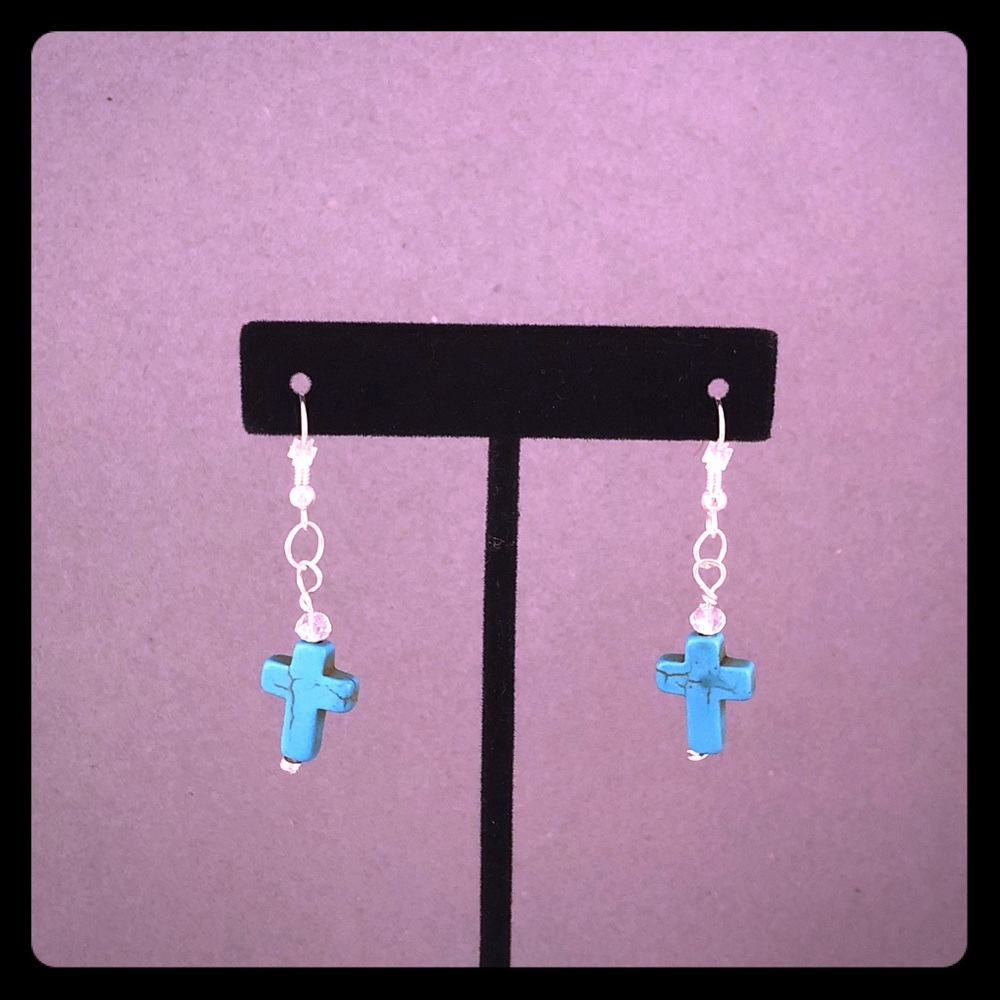 Handmade SS Turquoise Cross Earrings